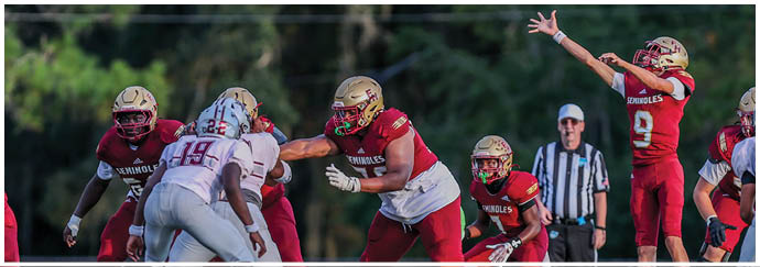 People in football uniforms are engaged in a play on a field with a referee observing in the background. Description generated by AI