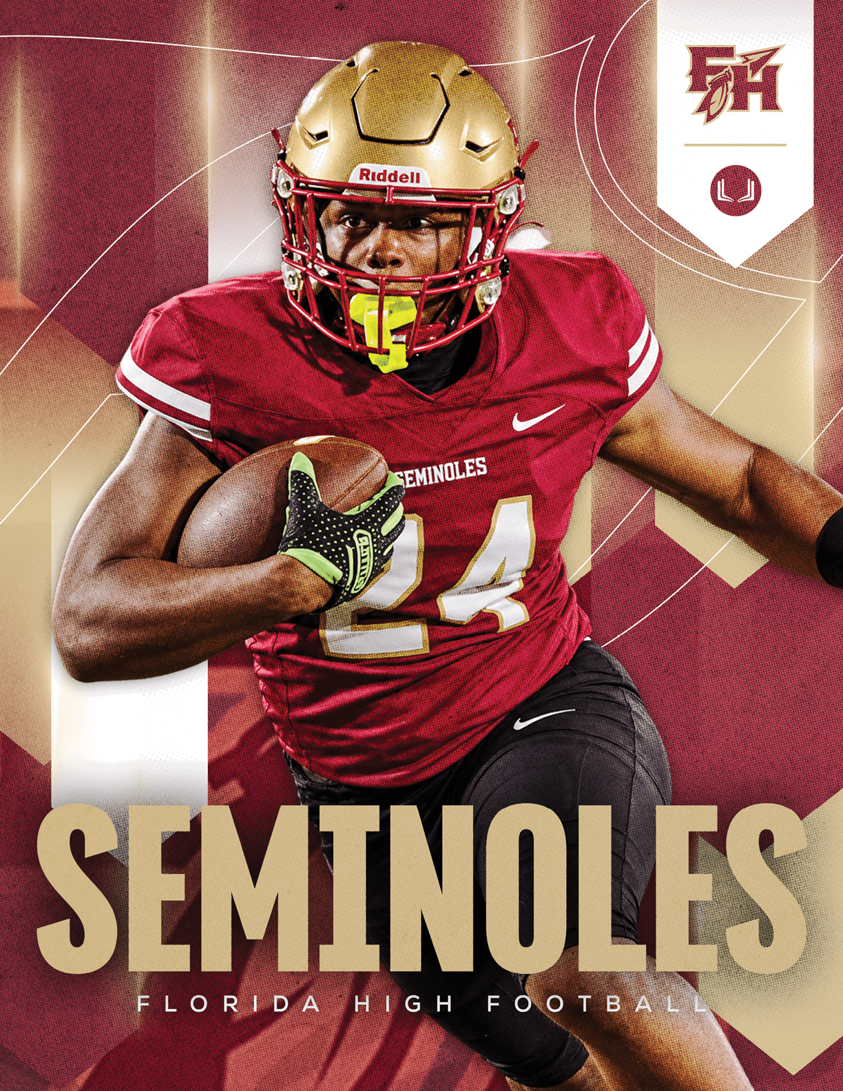 A person wearing a gold helmet and red football uniform with the number 24 is running with a football against a maroon and white background with the word “SEMINOLES" and "FLORIDA HIGH FOOTBALL" displayed. Description generated by AI