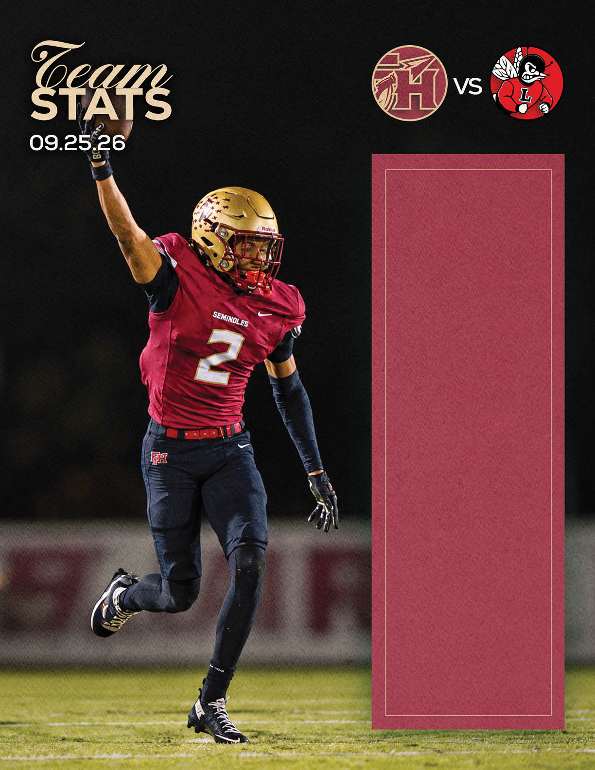 A person in a maroon football uniform and gold helmet is celebrating on a field with one arm raised, next to a graphic showing team stats for a game scheduled on 09.25.26 between two teams represented by logos. Description generated by AI