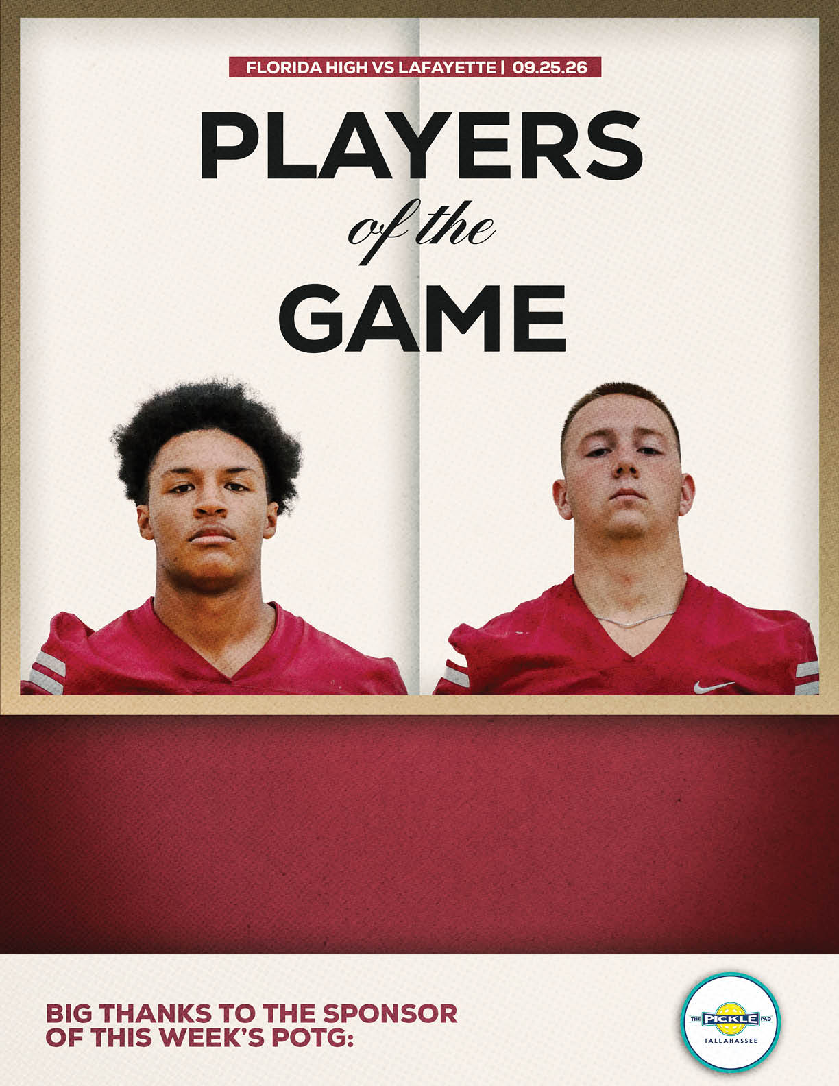 Two adults wearing red sports jerseys are featured as players of the game for a Florida High versus Lafayette football game on September 25, 2020. Description generated by AI