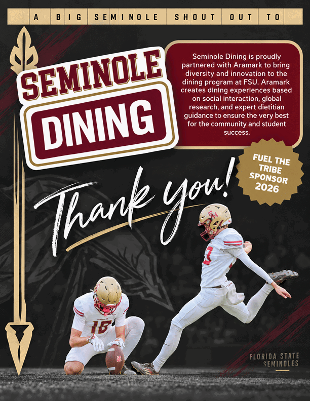 Two people in football uniforms are on a field with one kicking a ball held by the other, accompanied by text thanking Seminole Dining and highlighting a partnership with Aramark for diversity and innovation at Florida State Seminoles. Description generated by AI