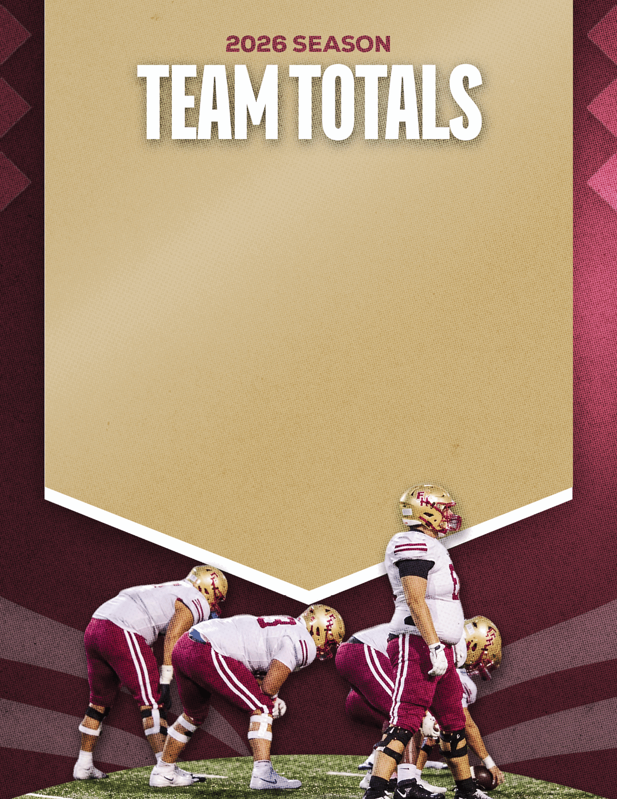 Four people in football uniforms are positioned on a field under a banner that reads 2026 season team totals. Description generated by AI