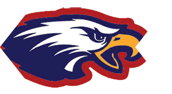 A stylized eagle head logo with bold navy blue, white, red, and yellow colors facing right. Description generated by AI