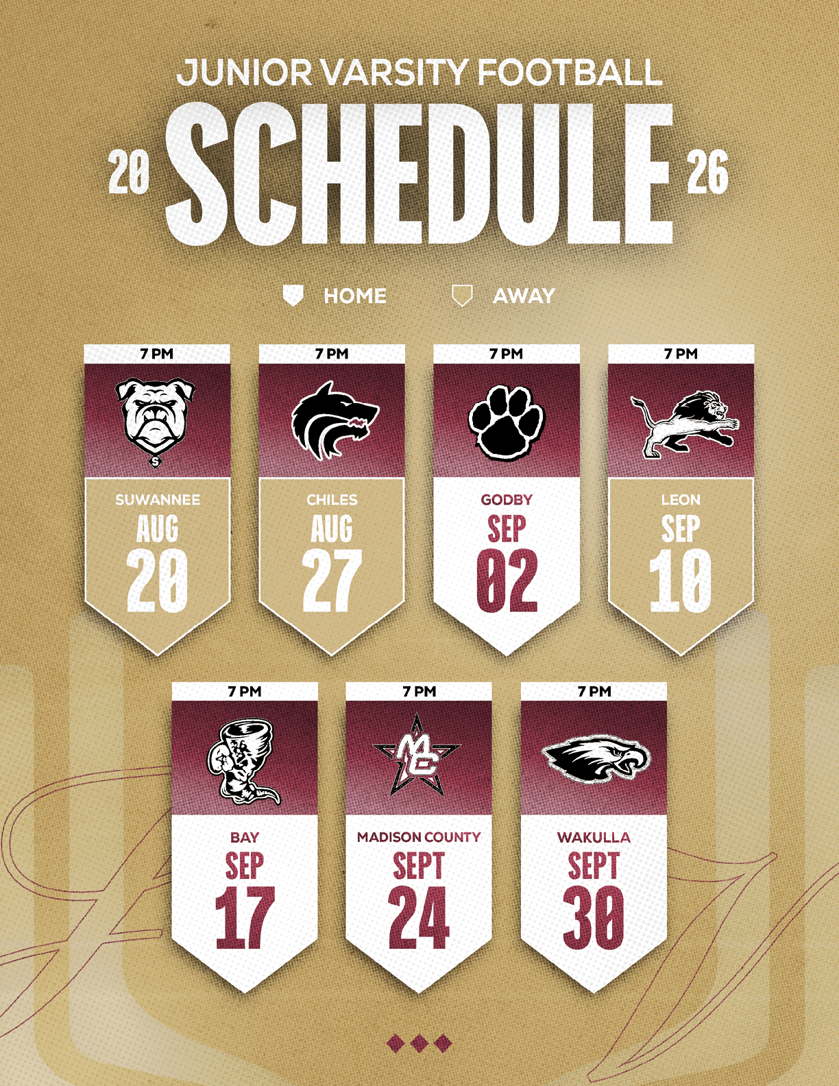 The 2026 junior varsity football schedule is displayed with team logos, game dates, and times, distinguishing home and away games on a beige background with a football field design. Description generated by AI