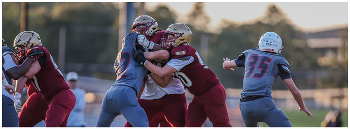 People wearing sports uniforms are engaged in a physical struggle on a football field during a game. Description generated by AI
