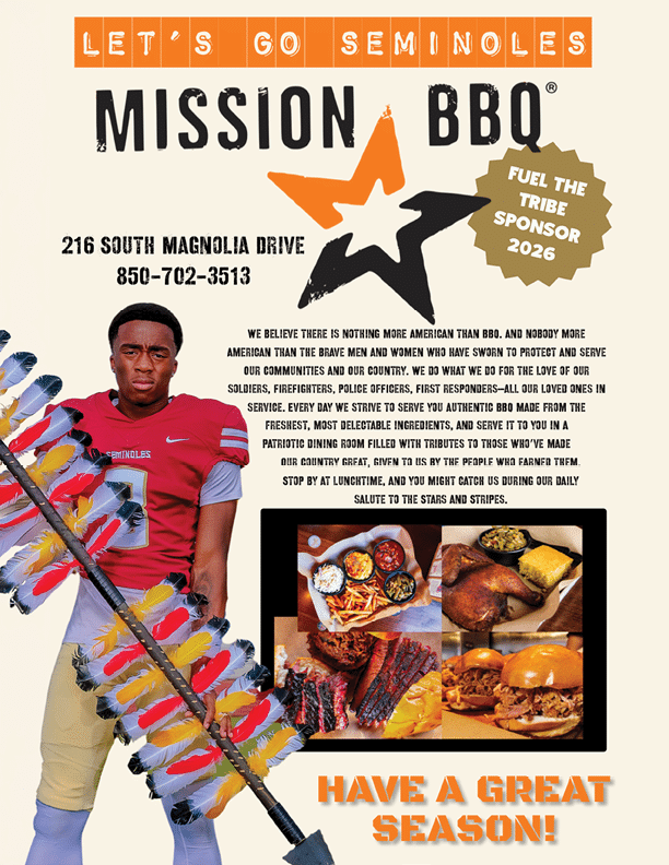 Two people in football uniforms are on a field with one kicking a ball held by the other, accompanied by text thanking Seminole Dining and highlighting a partnership with Aramark for diversity and innovation at Florida State Seminoles. Description generated by AI