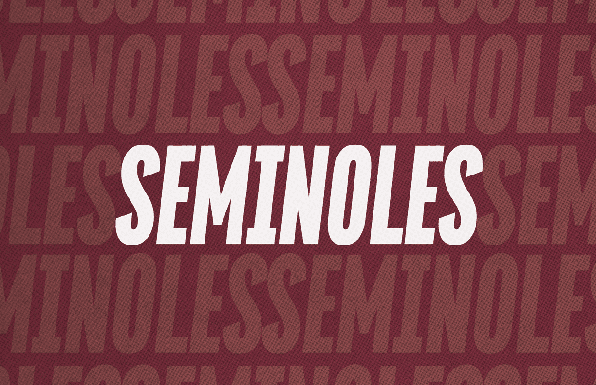 The word “SEMINOLES" is displayed in bold white capital letters against a maroon background with a repeated faded pattern of the same word. Description generated by AI