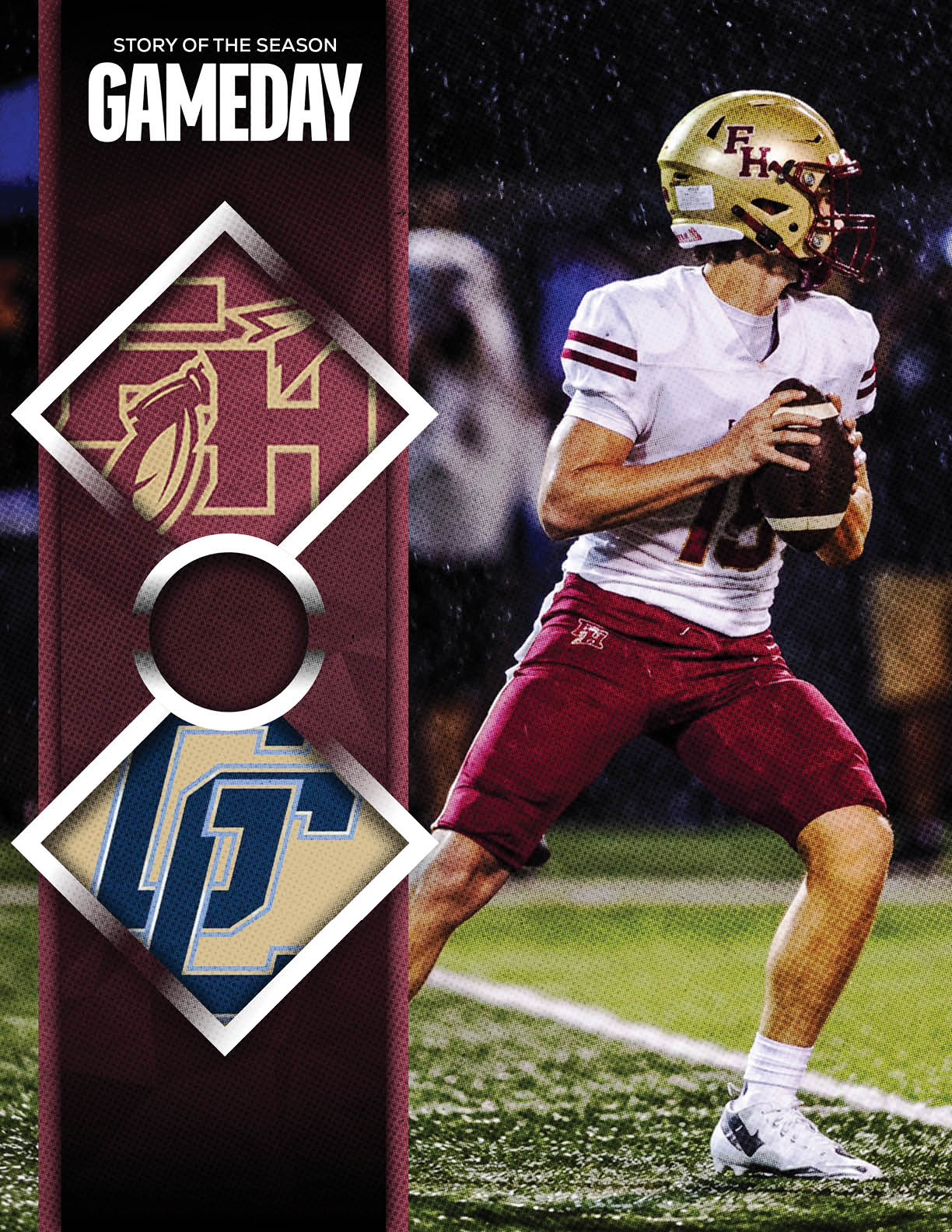 A person in a football uniform with a gold helmet and maroon pants is holding a football and preparing to throw on a rainy field with a graphic overlay showing two team logos and the text “Story of the Season Gameday." Description generated by AI