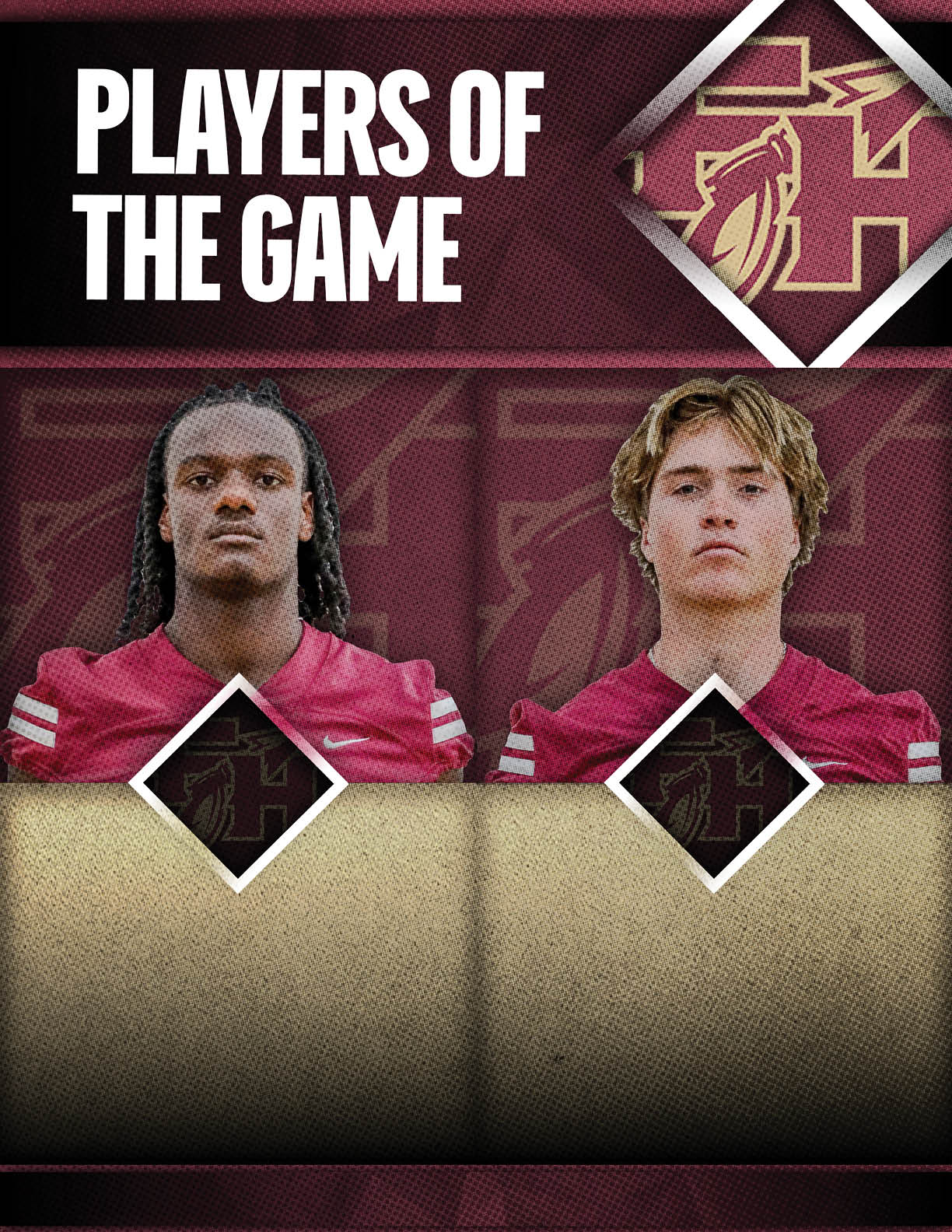 Two people wearing maroon sports jerseys are featured as players of the game with a maroon and gold background. Description generated by AI