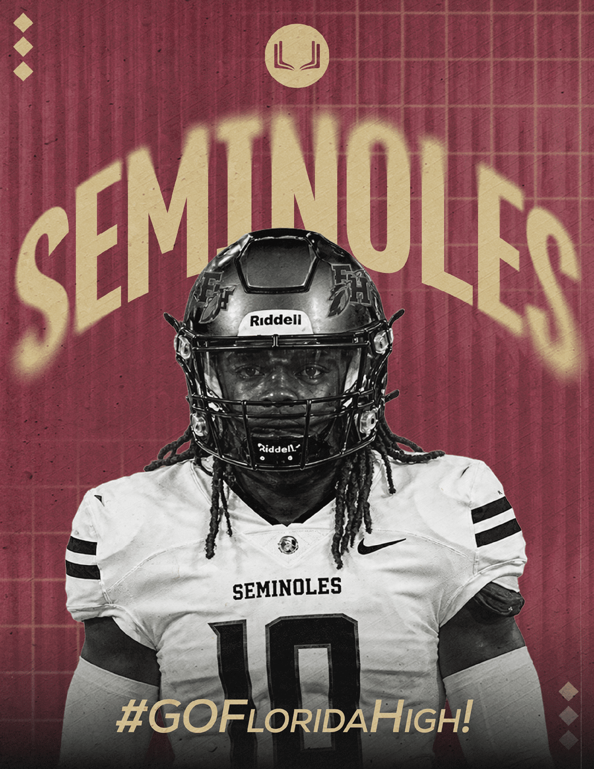 A person wearing a football helmet and white jersey with the number 10 stands in front of a maroon background with the word “SEMINOLES" and the hashtag "#GOFloridaHigh!" displayed above and below. Description generated by AI