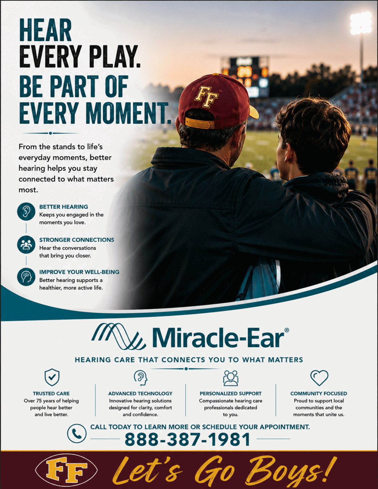 Two people wearing casual clothing and hats watch a sports game at a stadium with text promoting Miracle-Ear hearing care and its benefits. Description generated by AI
