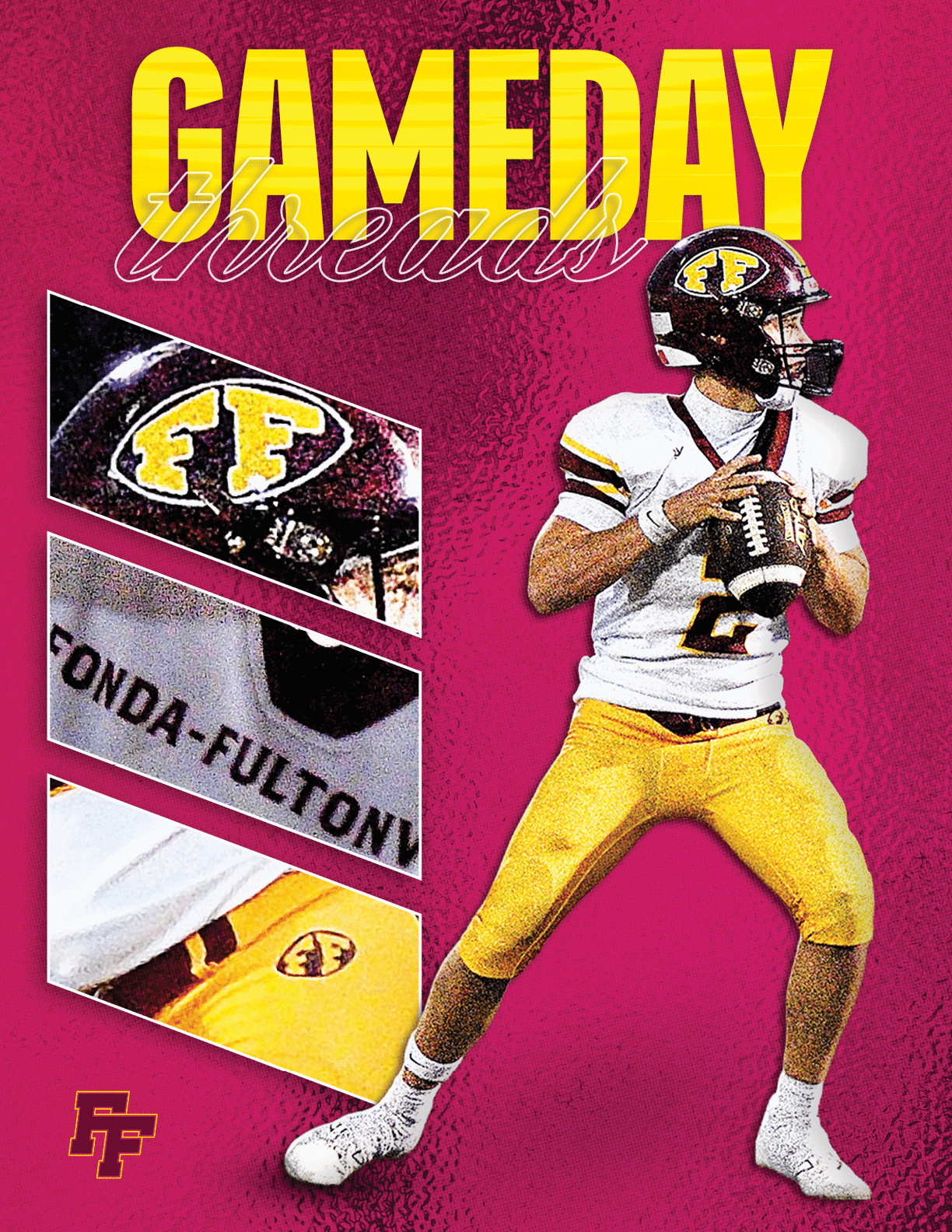 A person in a football uniform with a helmet is holding a football in a ready-to-throw position against a maroon background with the word GAMEDAY in large yellow letters and close-up images of the helmet and uniform details. Description generated by AI