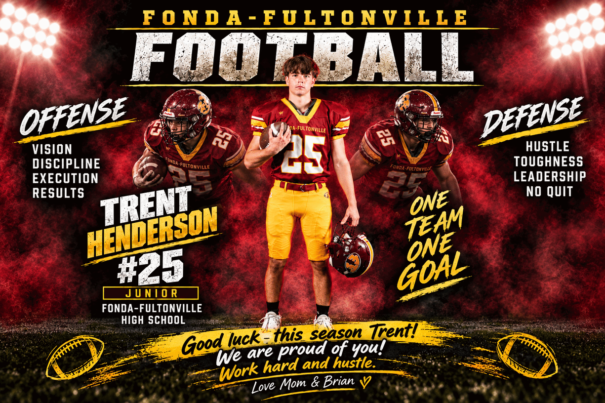 Three people in football uniforms stand against a smoky red background with bold text highlighting offense and defense qualities, a player named Trent Henderson with the number 25, and a motivational message from family. Description generated by AI