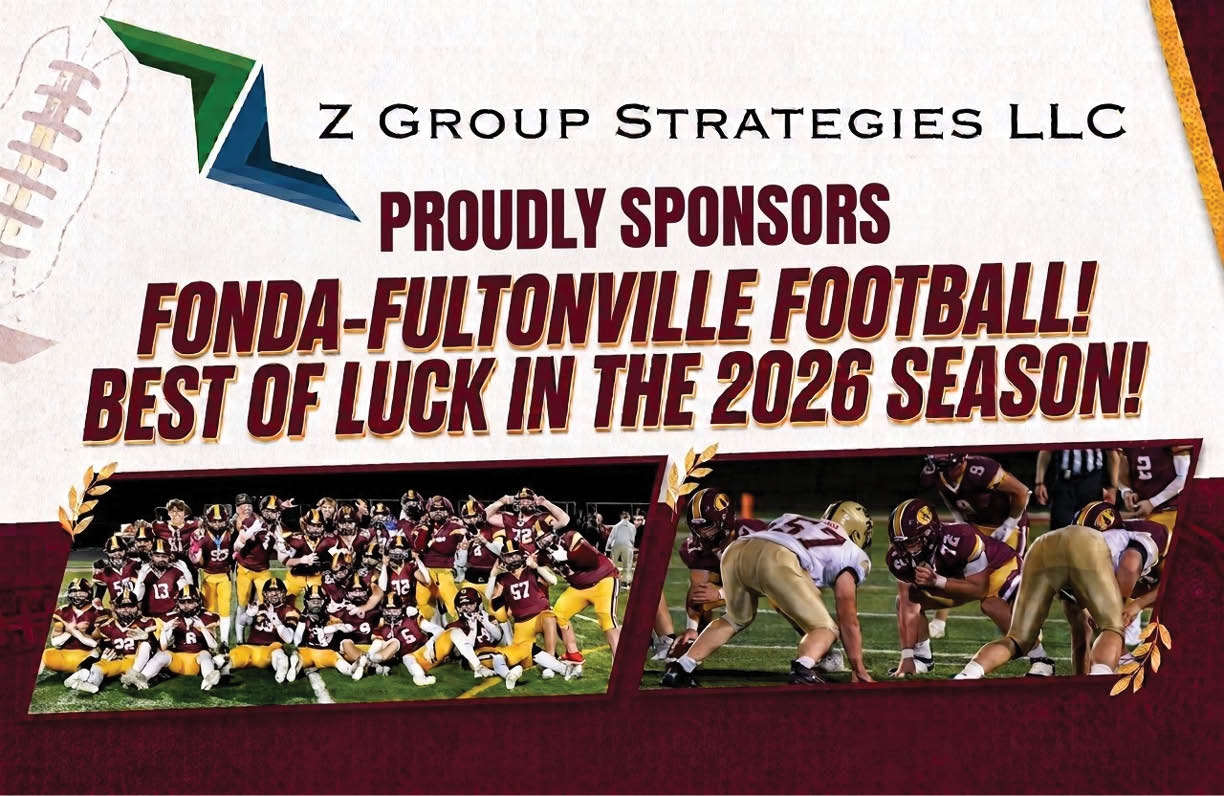 Z Group Strategies LLC proudly sponsors Fonda-Fultonville Football with two photos showing a football team posing together and players lined up on the field. Description generated by AI