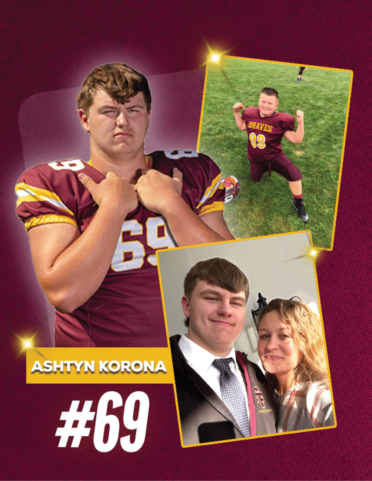 A sports-themed collage features a person in a maroon and gold football uniform with the number 69, alongside two smaller photos of the same person, one in casual sportswear and the other dressed formally with another person, accompanied by a letter titled “Play of the Week" expressing pride in their achievements. Description generated by AI