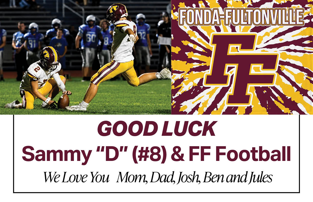 Two people in football uniforms are on a field with one holding a football for the other to kick, alongside a graphic with the text wishing good luck to Sammy “D" and FF Football from Mom, Dad, Josh, Ben, and Jules. Description generated by AI