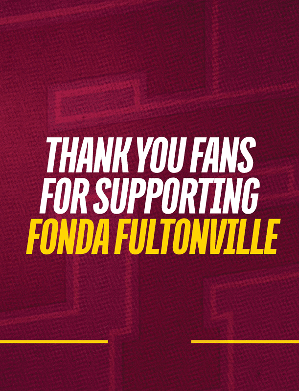 Thank you message in bold white and yellow text on a dark red background expressing gratitude to fans for supporting Fonda Fultonville. Description generated by AI