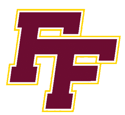 Two large maroon letters “F" overlapping with a thin gold outline around each letter. Description generated by AI