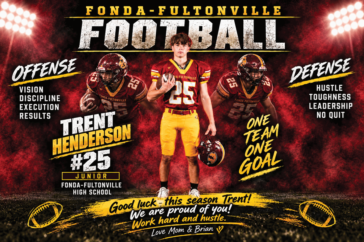 Three people in football uniforms stand against a smoky red background with bold text highlighting offense and defense qualities, a player named Trent Henderson with the number 25, and a motivational message from family. Description generated by AI