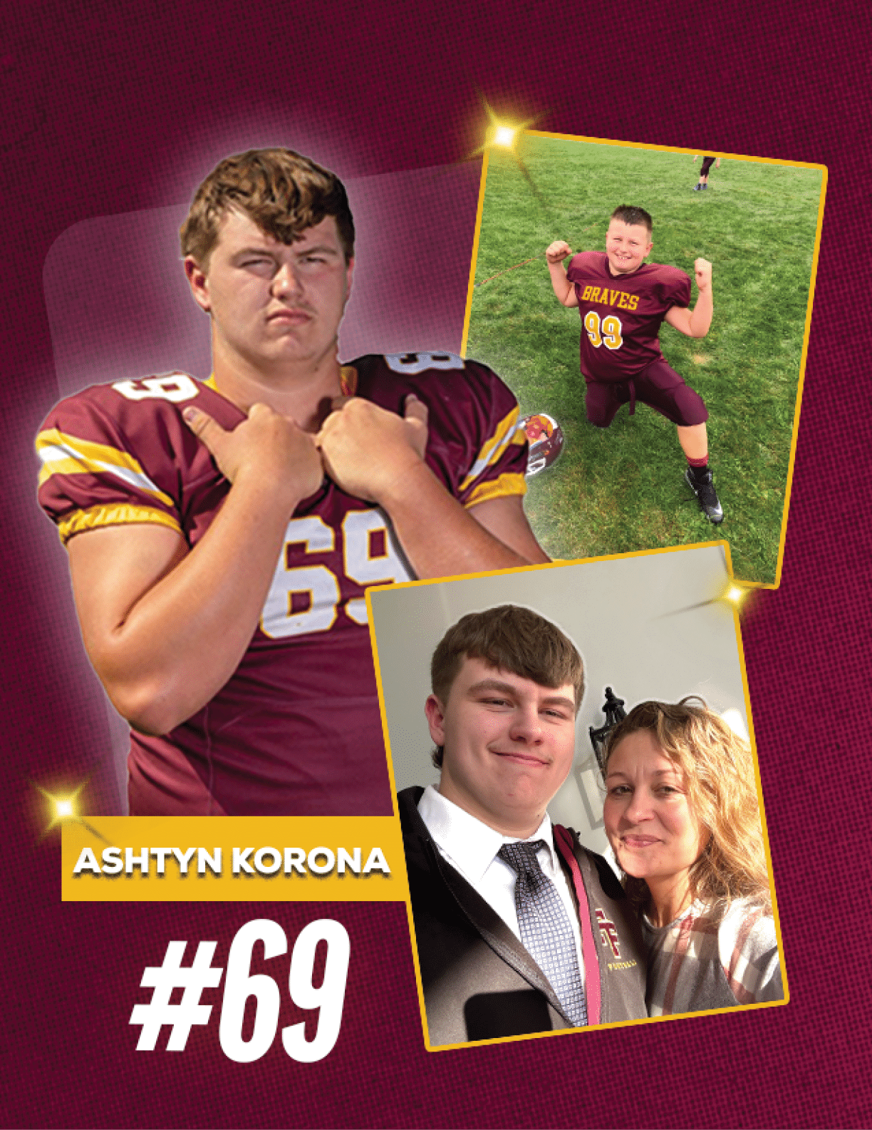A sports-themed collage features a person in a maroon and gold football uniform with the number 69, alongside two smaller photos of the same person, one in casual sportswear and the other dressed formally with another person, accompanied by a letter titled “Play of the Week" expressing pride in their achievements. Description generated by AI