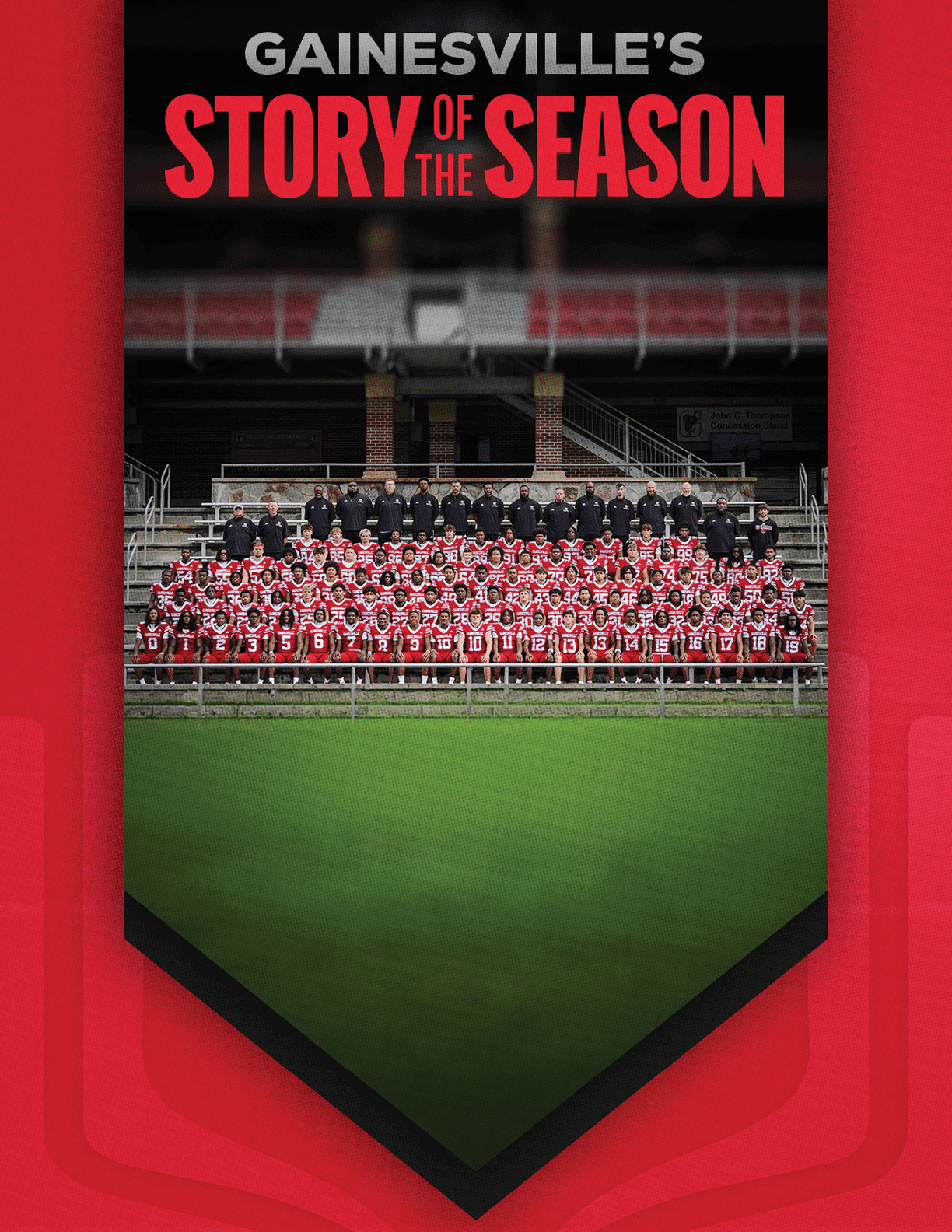 A large group of people wearing red sports uniforms and black clothing are seated and standing in rows on bleachers inside a stadium with the text Gainesville's Story of the Season above them. Description generated by AI