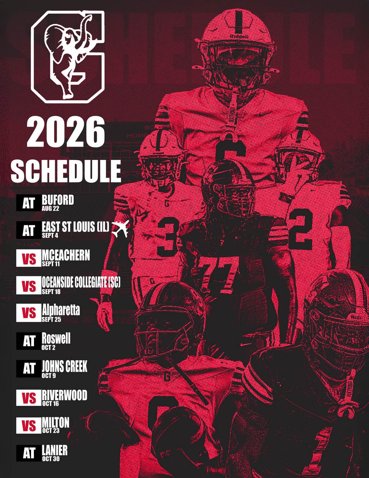 A graphic showing a 2026 football schedule with a team logo, a list of opponents and dates, and a group of football players in red and black uniforms in the background. Description generated by AI