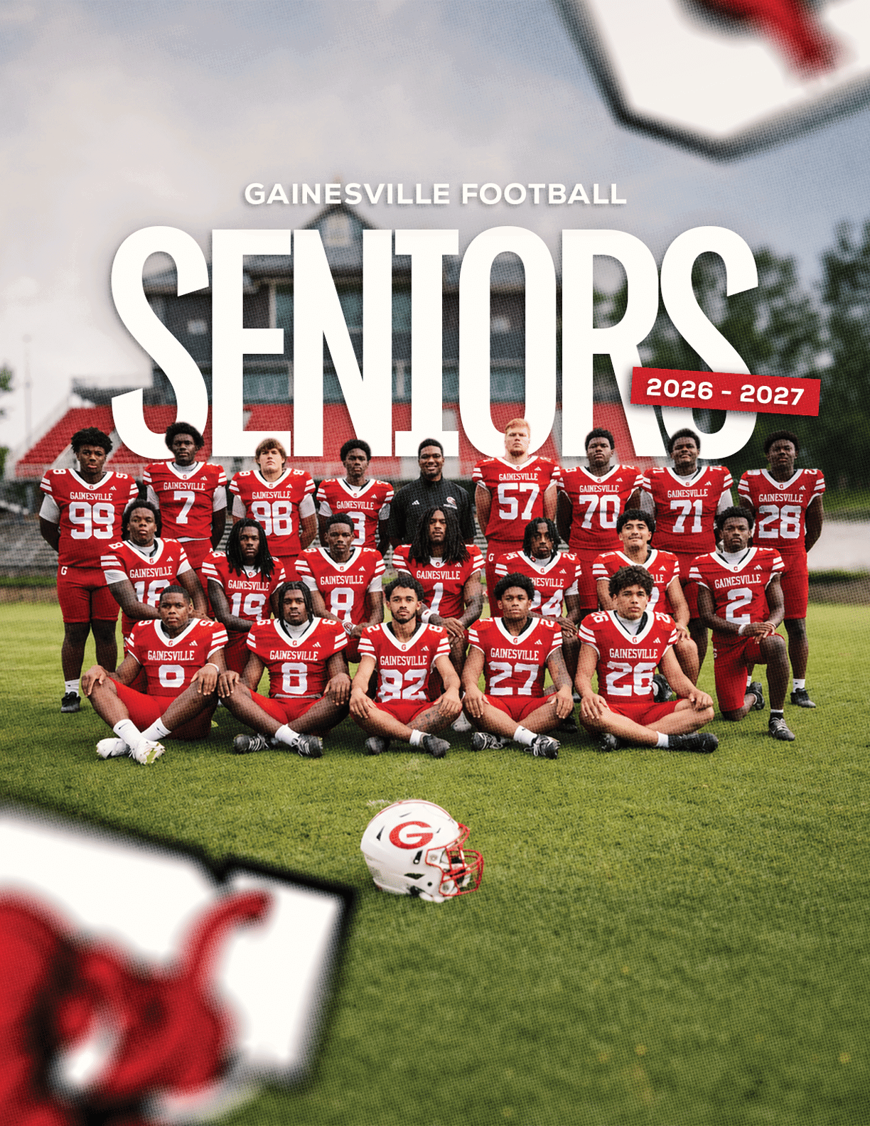 A group of football players in red uniforms posing on a field with a helmet in front and large text above them reading Gainesville Football Seniors 2026-2027. Description generated by AI