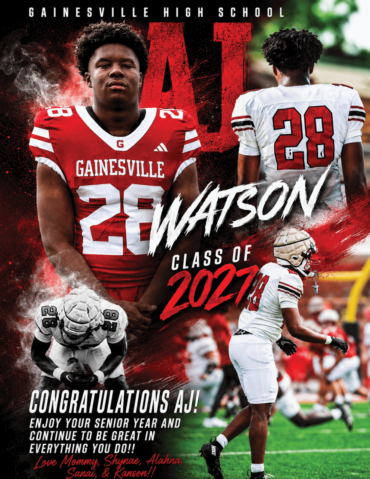 A graphic collage features a person in a red football uniform with the number 28 and the name Gainesville, alongside action shots of the same person in a white football uniform, with text congratulating AJ Watson from Gainesville High School as part of the class of 2027. Description generated by AI