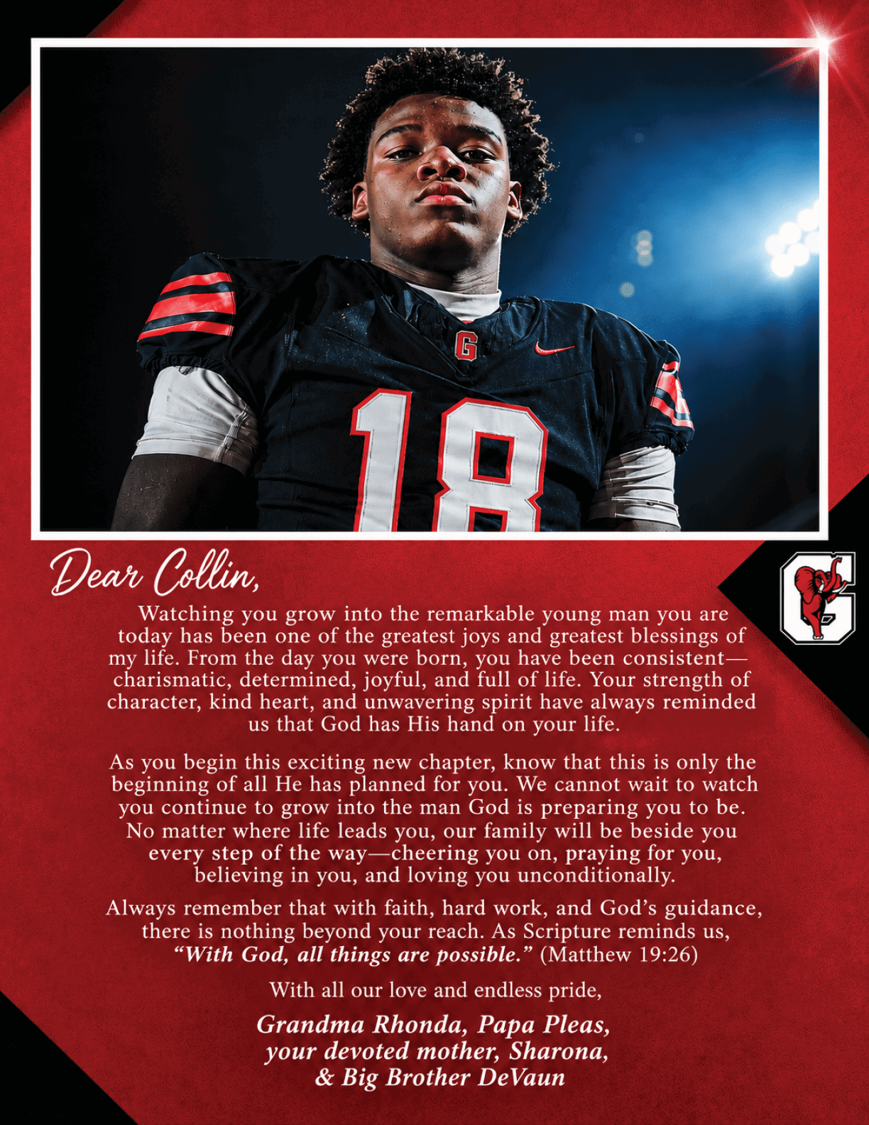 A person wearing a black sports jersey with the number 18 stands above a red background with white text expressing a heartfelt message about growth, faith, and family support. Description generated by AI