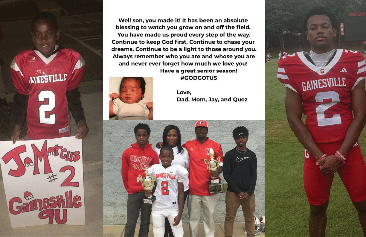 A group of five people stands together with two holding trophies, one person in a sports uniform, and a sign reading “J-Marcus #2 Gainesville 9U" is displayed on the left side. Description generated by AI