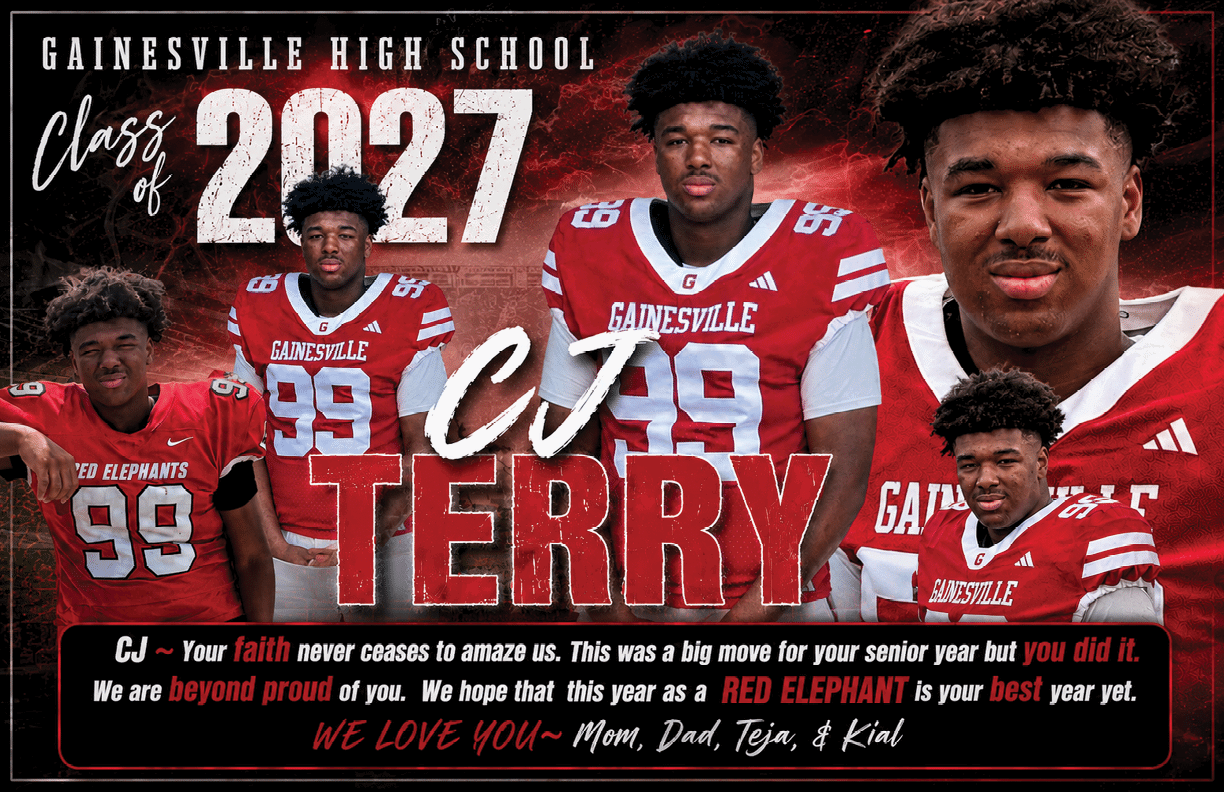 Two people in red sports jerseys stand on either side of large text that says “TERRY" with a heartfelt message below expressing pride and love for someone named CJ in their senior year. Description generated by AI