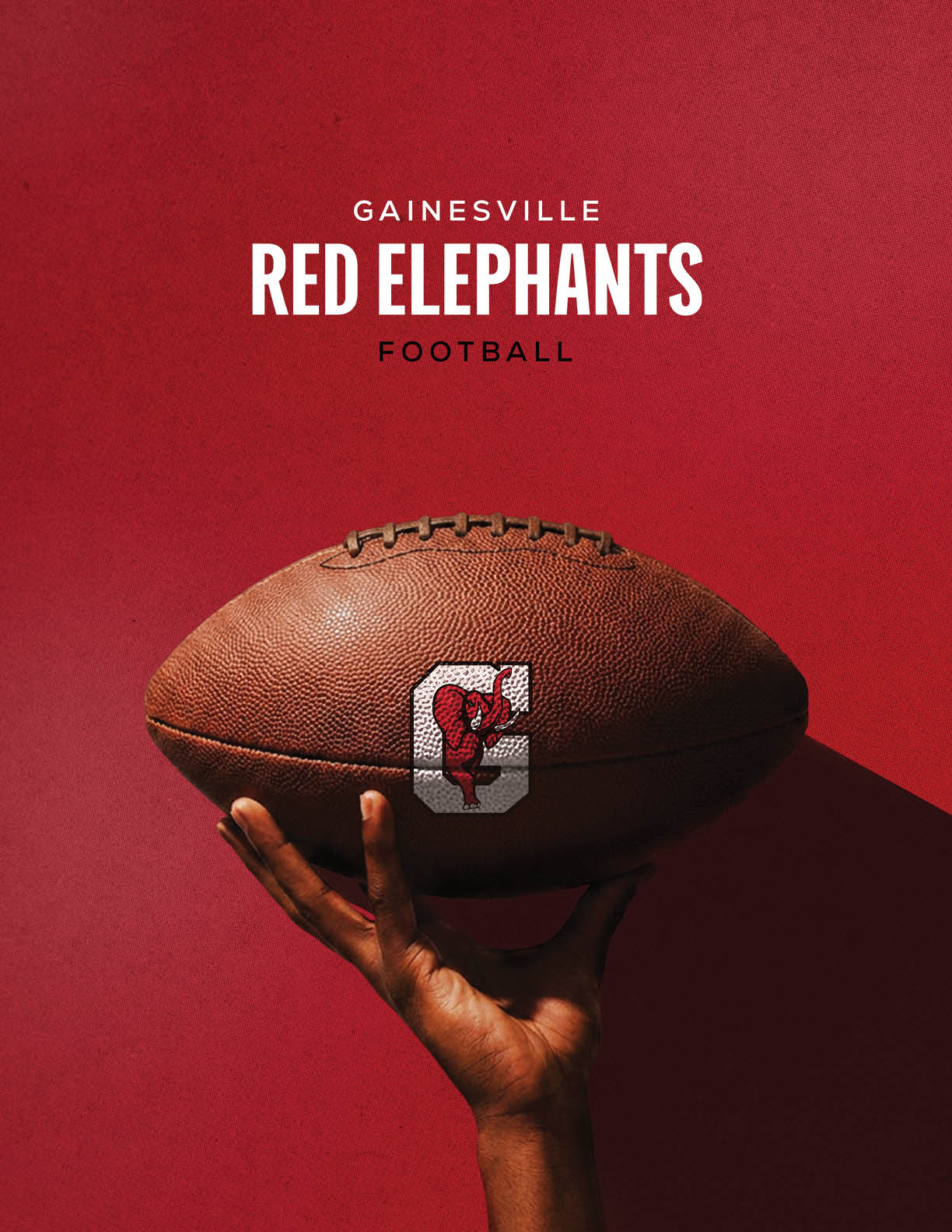 A hand is holding a football with a red elephant logo against a red background with the text Gainesville Red Elephants Football above. Description generated by AI