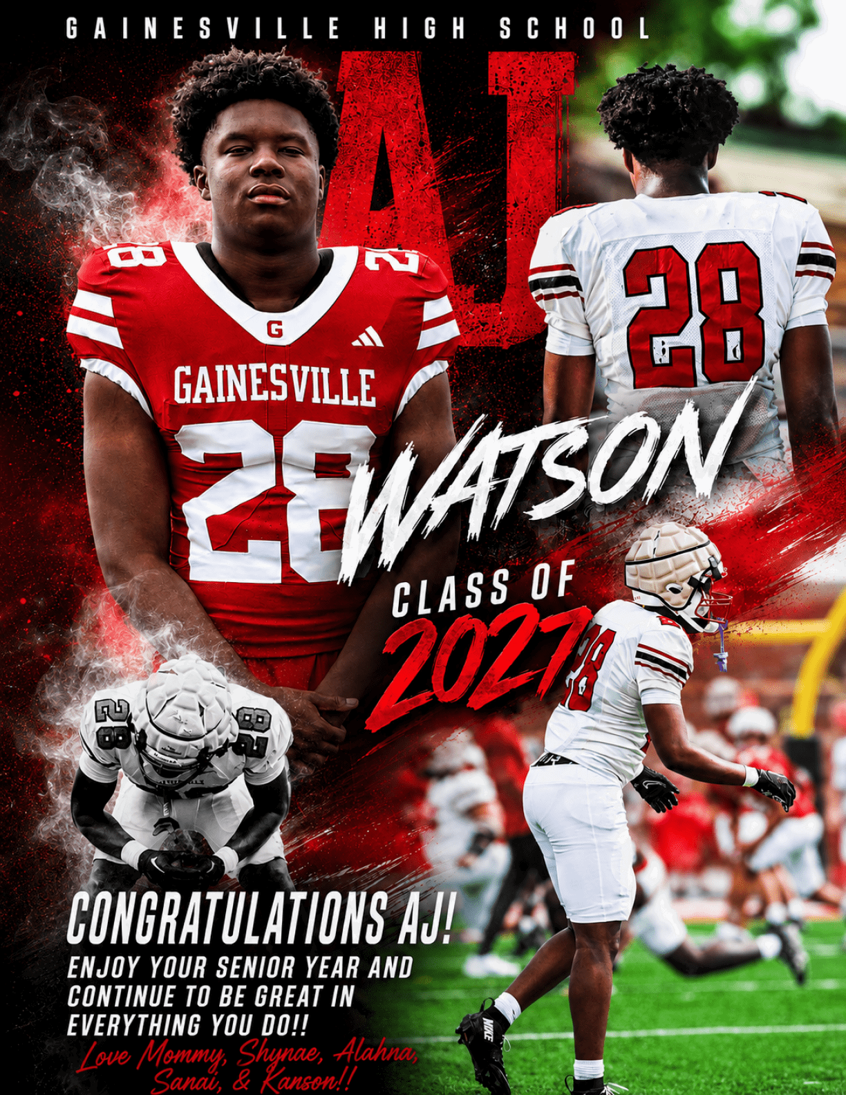 A graphic collage features a person in a red football uniform with the number 28 and the name Gainesville, alongside action shots of the same person in a white football uniform, with text congratulating AJ Watson from Gainesville High School as part of the class of 2027. Description generated by AI