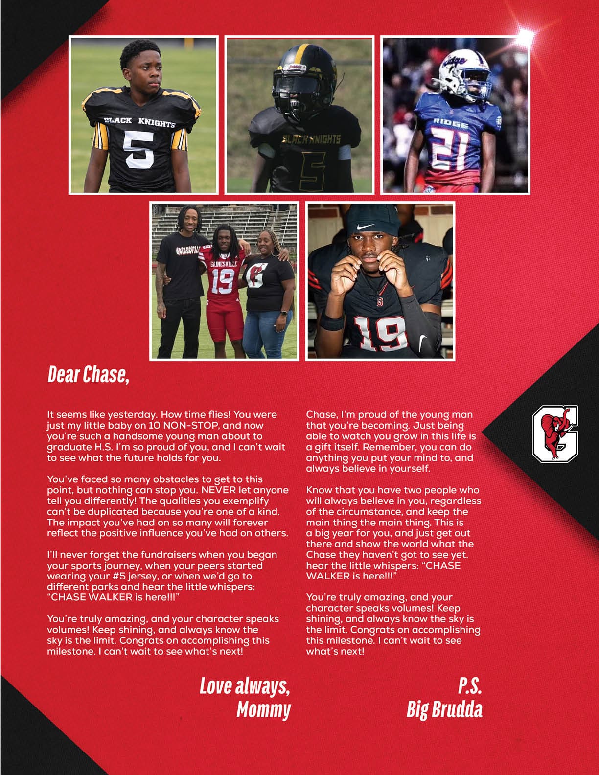 A person wearing a black football jersey with the number five stands on a grassy field above a heartfelt letter from a parent expressing pride and love. Description generated by AI