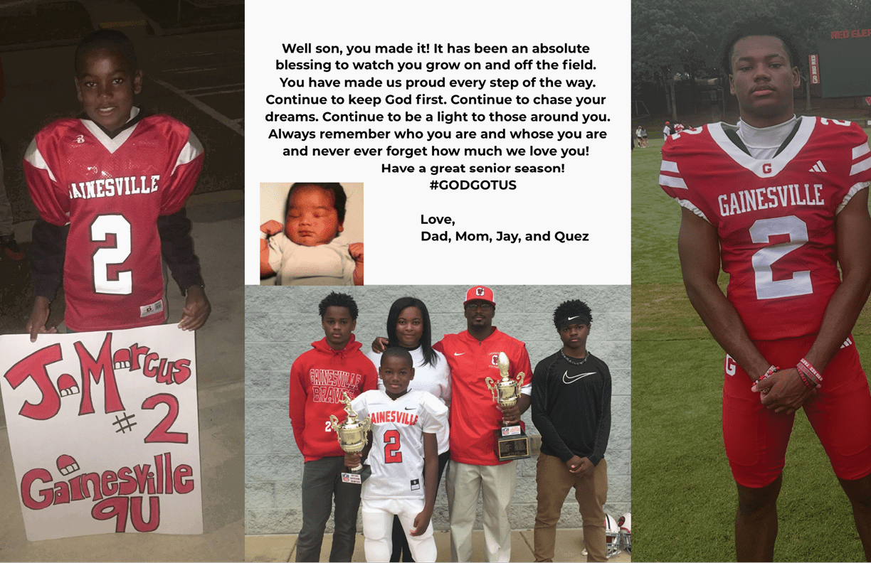 A group of five people stands together with two holding trophies, one person in a sports uniform, and a sign reading “J-Marcus #2 Gainesville 9U" is displayed on the left side. Description generated by AI