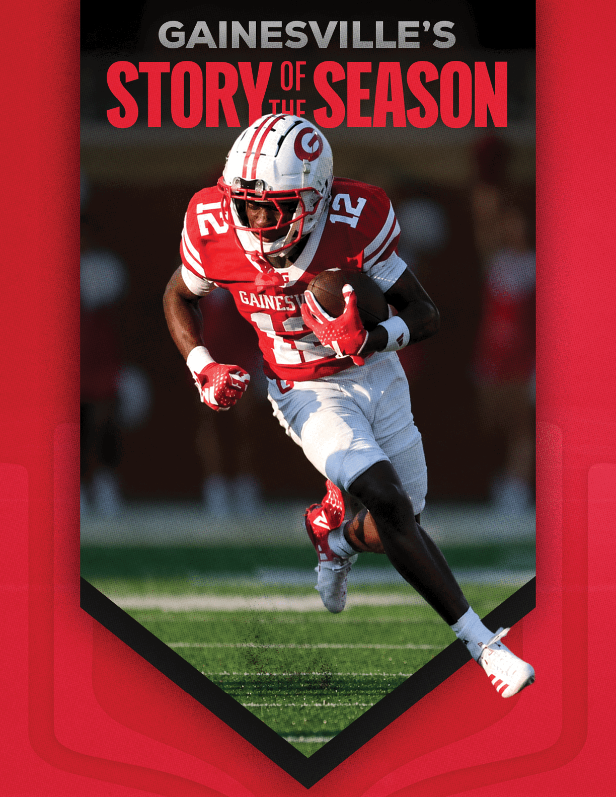 A person in a red and white football uniform with the number 12 is running on a field while holding a football, with the text “Gainesville's Story of the Season" above. Description generated by AI