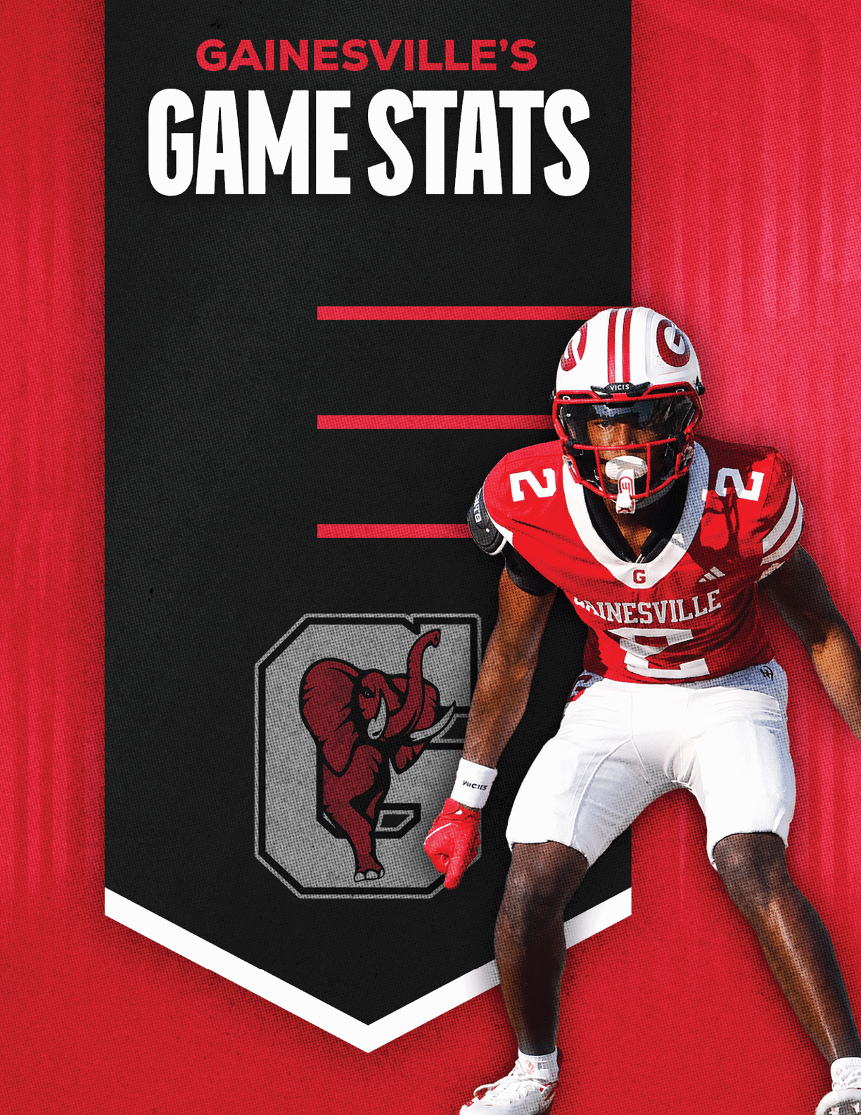 A person in a red and white football uniform with the number 2 is posed in front of a red and black banner that reads “Gainesville's Game Stats" with a logo of an elephant. Description generated by AI