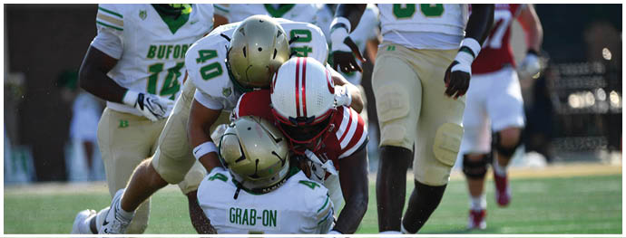 Two football players are engaged in a tackle on a grassy field during a game. Description generated by AI