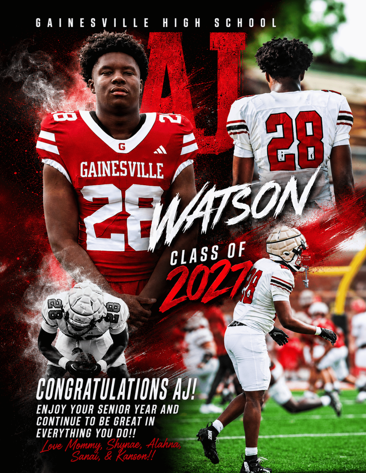 A sports-themed collage features a person in a red football uniform with the number 28 and the name Watson, alongside action shots of the same person playing football in a white uniform, with congratulatory text celebrating their senior year and class of 2027 from Gainesville High School. Description generated by AI