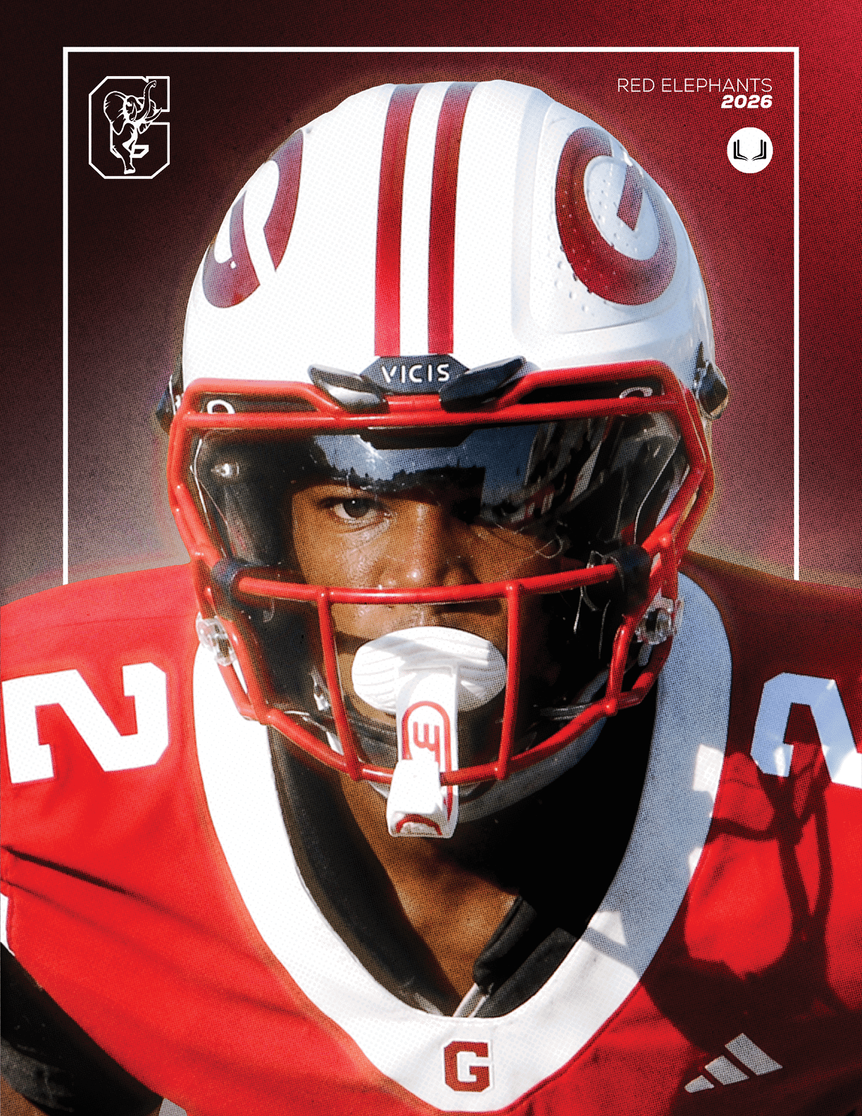 A person wearing a red and white football uniform with the number 2 on the shoulder and a white helmet with red markings is looking forward. Description generated by AI