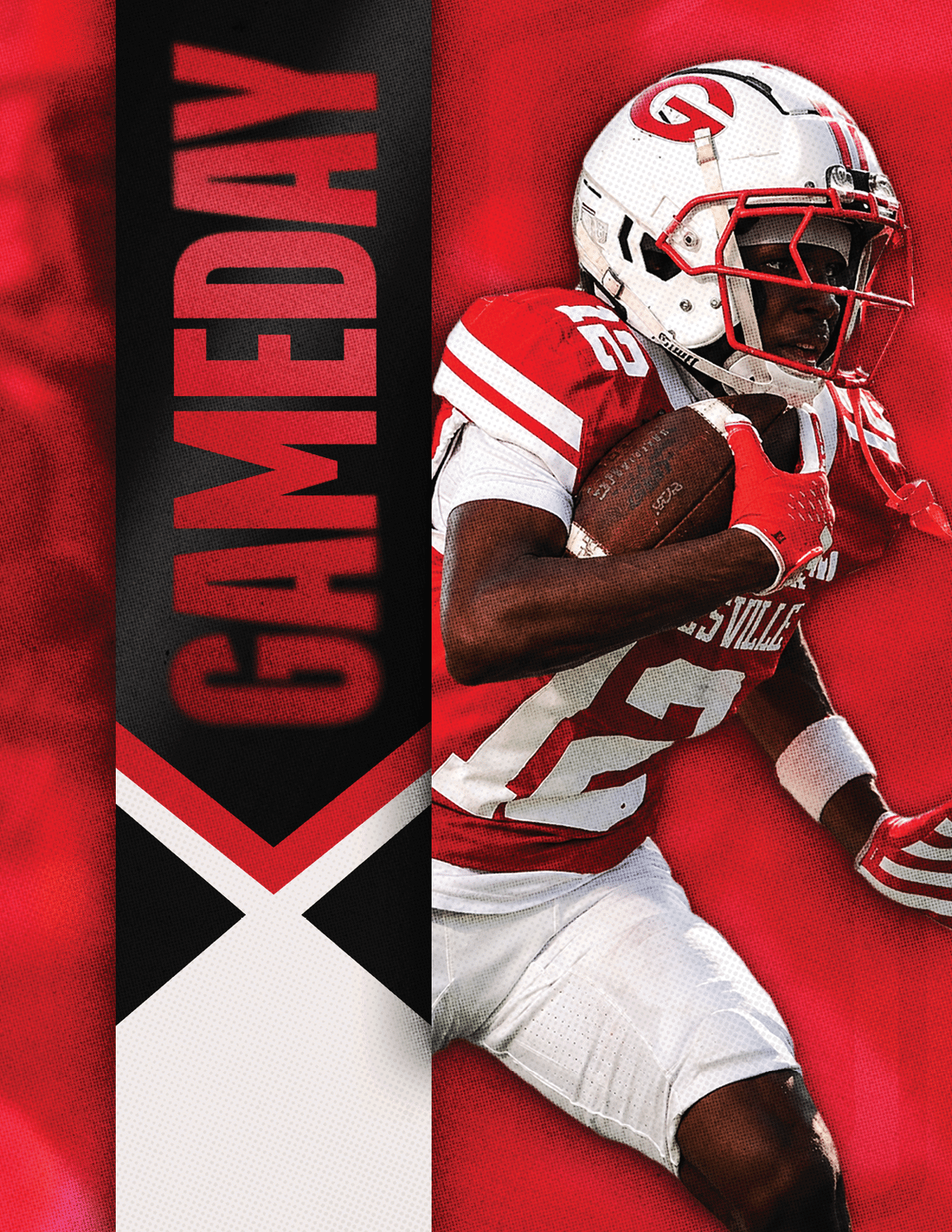 A person in a red and white football uniform is running with a football against a red background with the word GAMEDAY in bold red letters on a black vertical banner. Description generated by AI