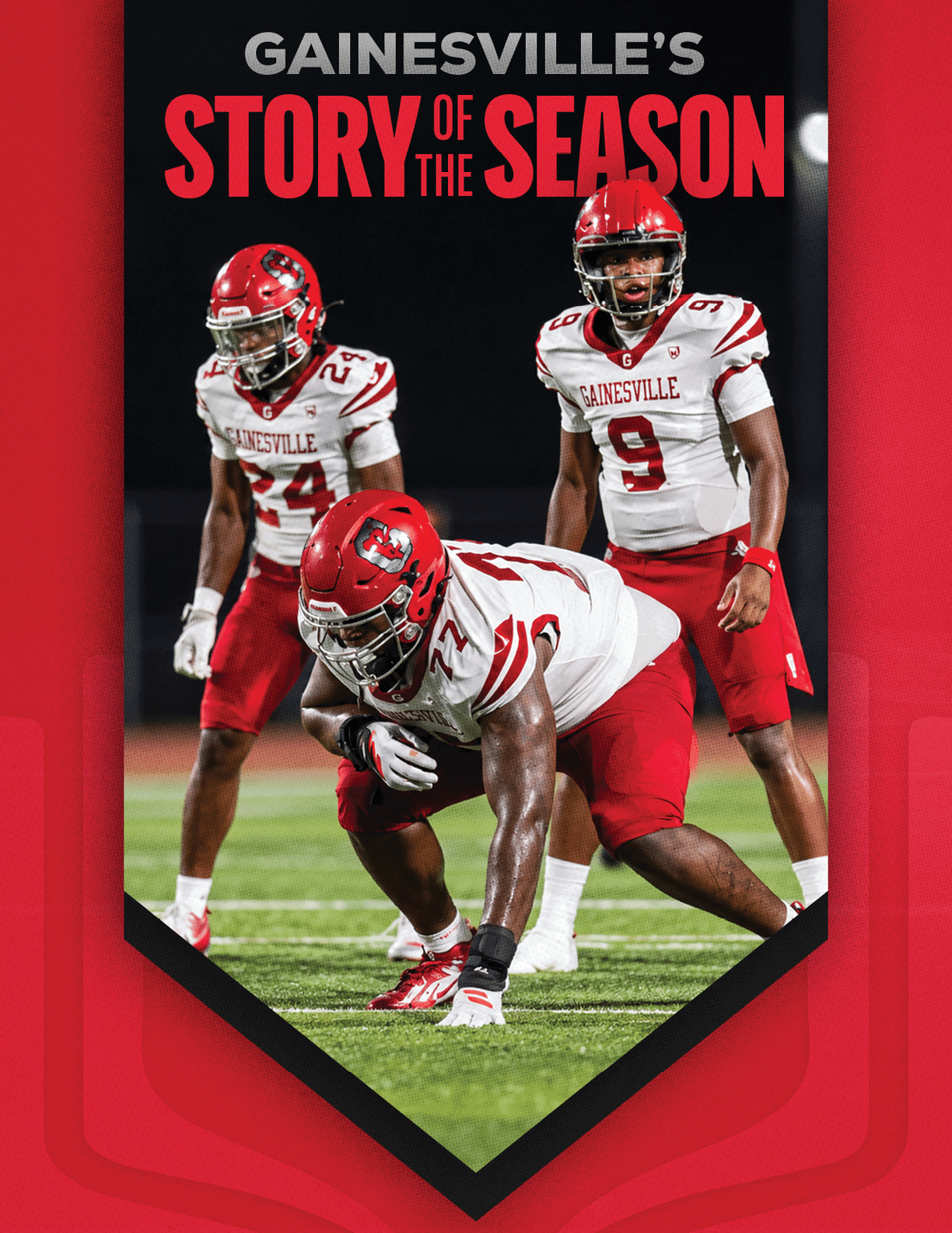 Three football players in red and white Gainesville uniforms are positioned on a field under the headline Gainesville's Story of the Season. Description generated by AI