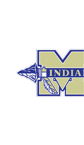 A large stylized letter M with the word Indians across it and a spear with feathers extending from the left side. Description generated by AI