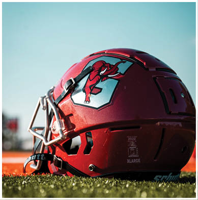 A close-up of a red football helmet featuring a logo of a red elephant on a gray shield. Description generated by AI