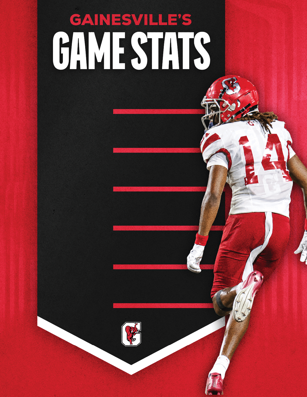 A person in a red and white football uniform with the number 2 is posed in front of a red and black banner that reads “Gainesville's Game Stats" with a logo of an elephant. Description generated by AI