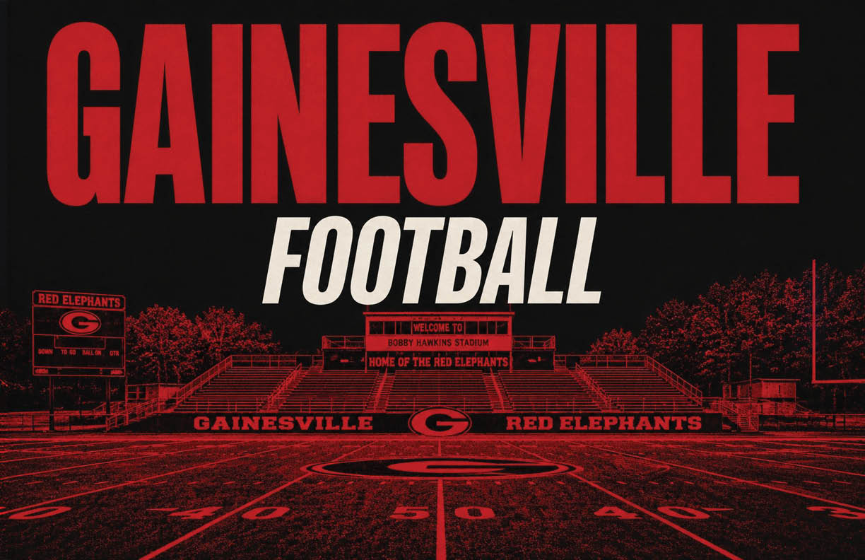 Gainesville Football is displayed in bold red and white text over a red-tinted football field with bleachers and signage for the Red Elephants team. Description generated by AI