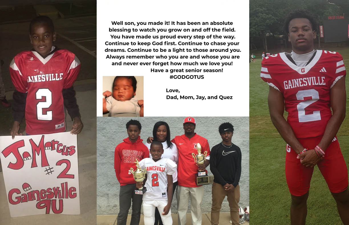 A collage shows a child in a red football uniform holding a sign with a name and number, a newborn baby, a group of four people with two holding trophies and one in a white football uniform, and a person standing on a field in a red football uniform with the number two. Description generated by AI