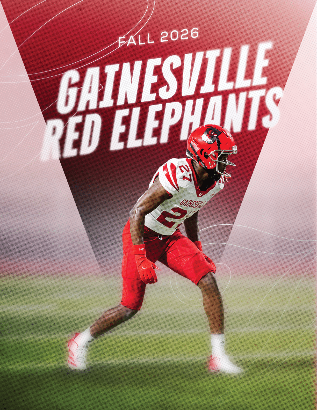 A person in a red and white football uniform is poised on a grassy field with the text “Fall 2026 Gainesville Red Elephants" in bold white letters above. Description generated by AI