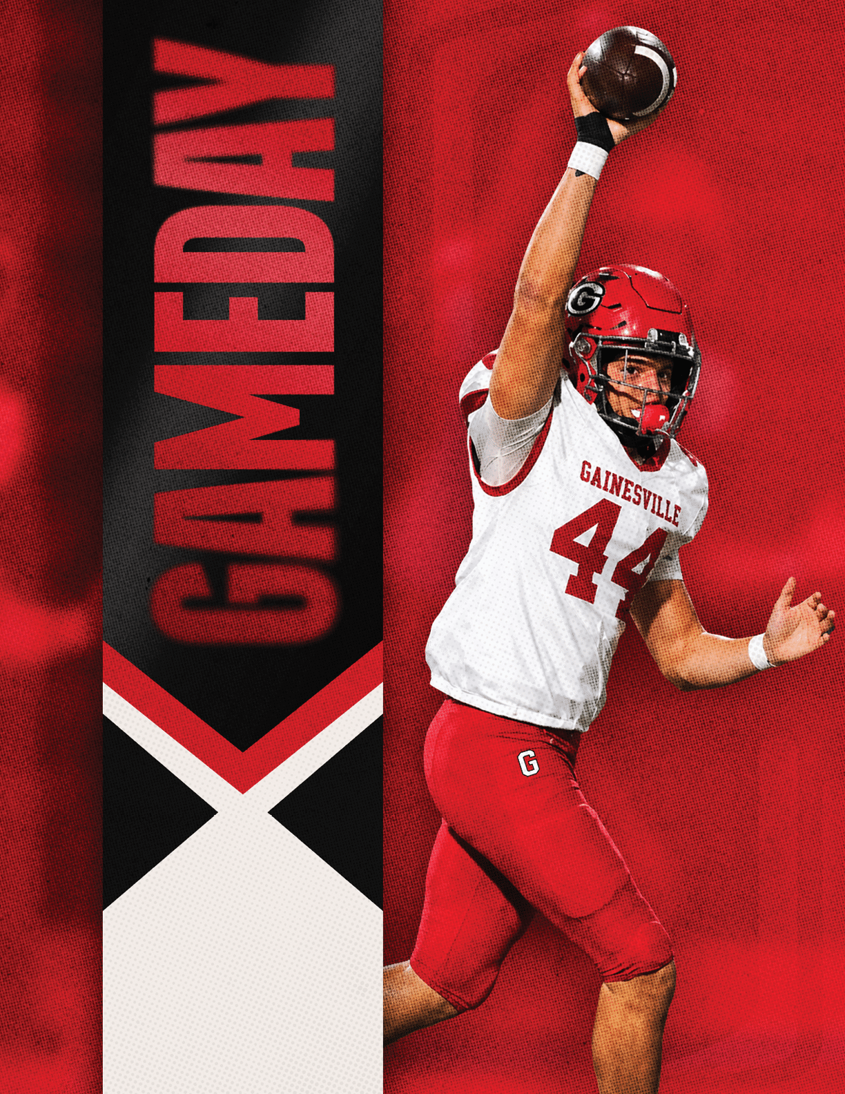 A person wearing a red helmet and red and white football uniform is throwing a football with one arm raised against a red and black background with the word GAMEDAY in bold red letters. Description generated by AI