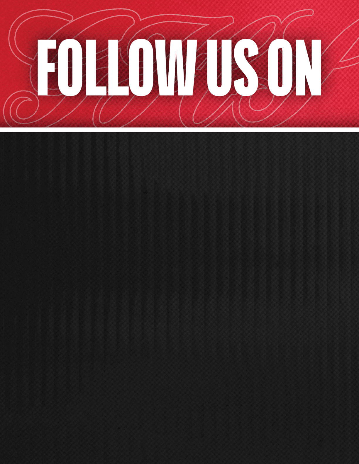 A black and red sign that says Follow Us On. Description generated by AI